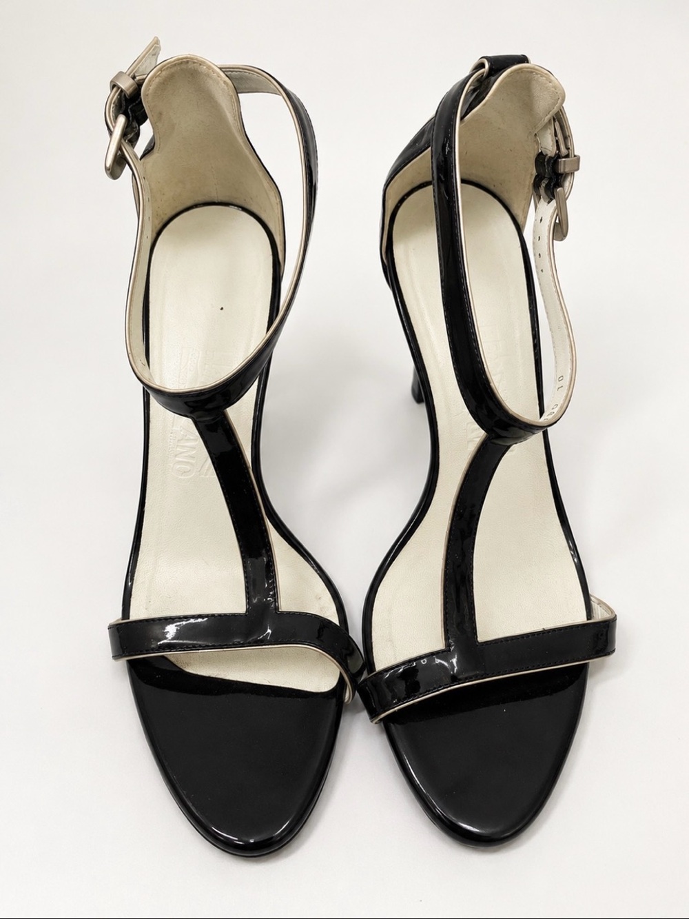 Salvatore Ferragamo Black Patent Leather T-Strap Block Heel Sandals